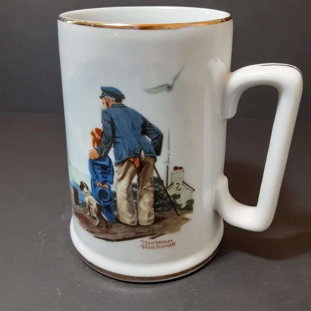 Norman Rockwell Museum Coffee Tea Mug "Looking Out To Sea" Man Boy Dog Art 1985